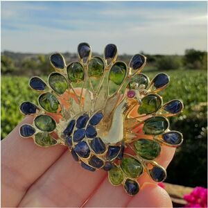Vintage Ciro Peacock Brooch | Peridot & Sodalite Cabochons